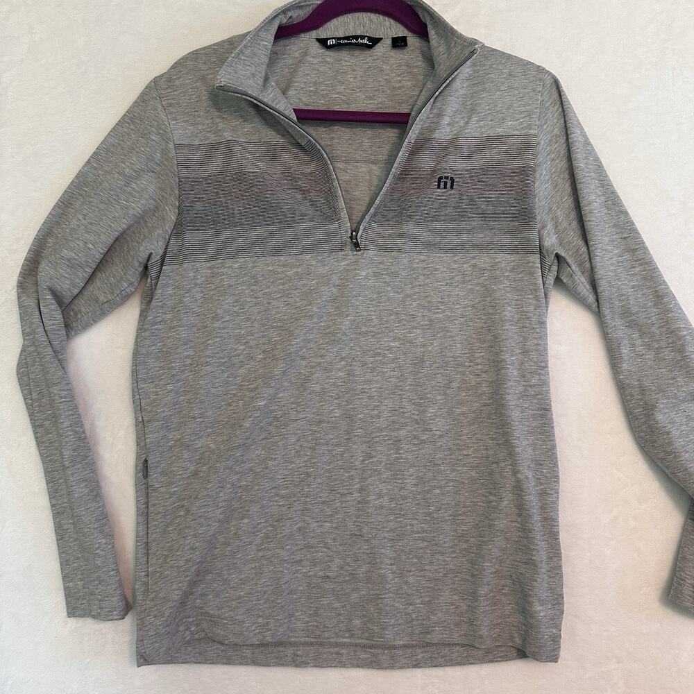 TravisMathew Men’s S Gray Quarter Zip Golf Pullover Chest Stripe Classic Preppy